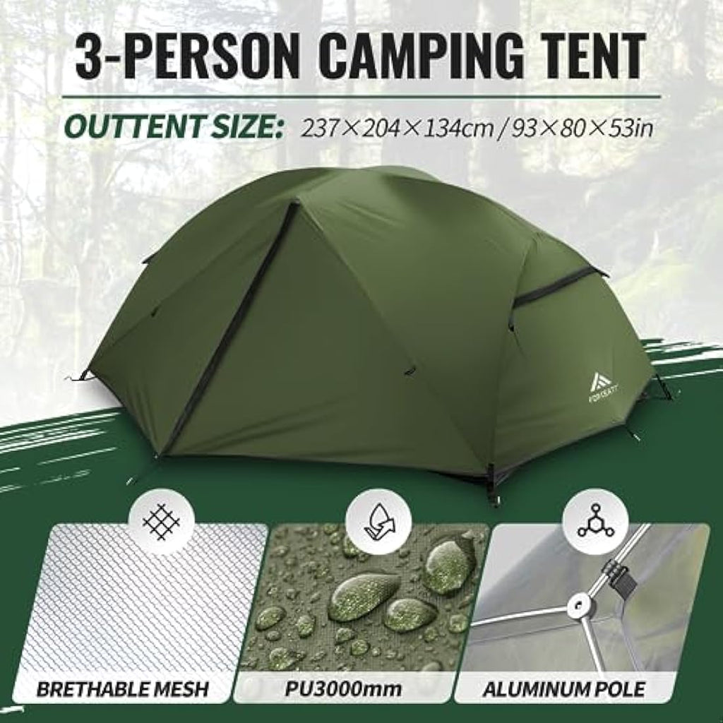 Forceatt 3-Person Backpacking Tent | PU3000mm Waterproof Camping Tent