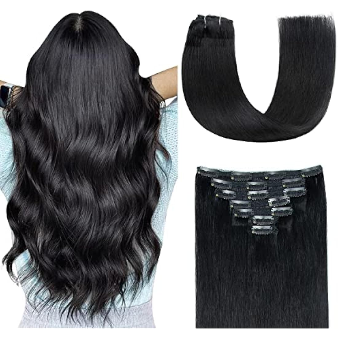 AGMITY Jet Black 16 Inch Remy Human Hair Clip In Extensions - 7Pcs