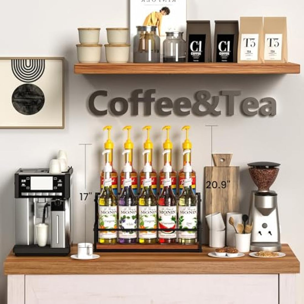 THYGIFTREE 2-Tier Coffee Syrup Rack – 10 Bottle Metal & Wood Organizer
