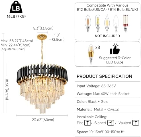 AOOCHOK Modern Crystal Chandelier – Black and Gold Round Pendant Light
