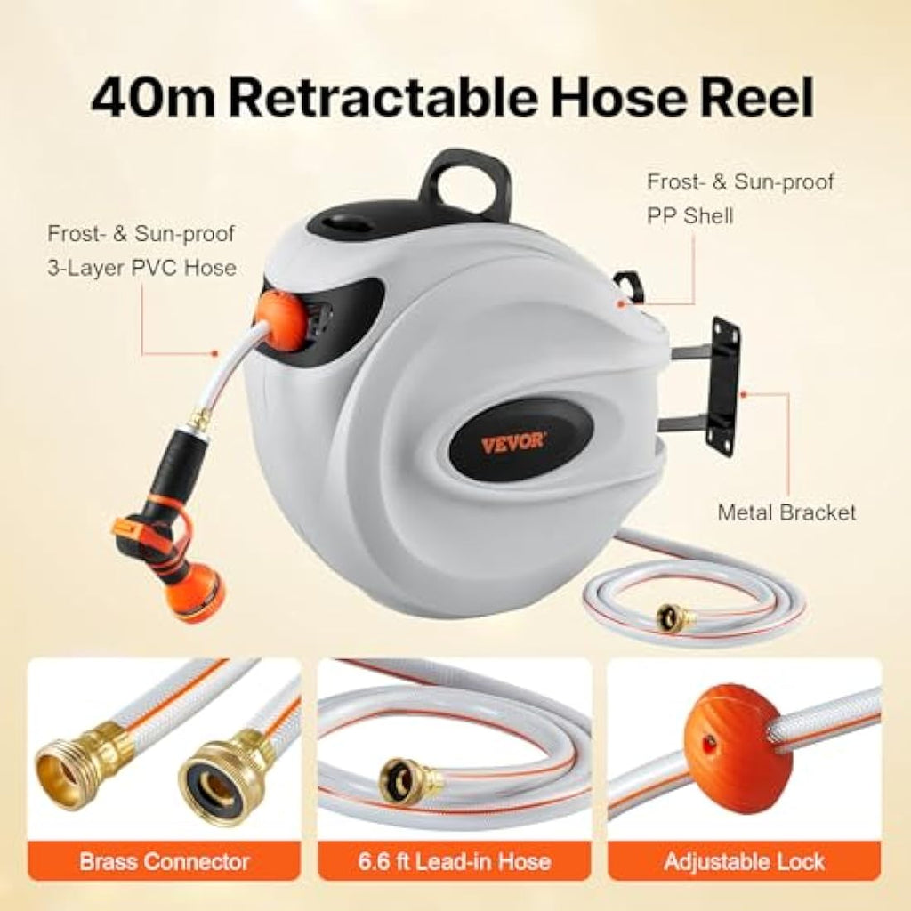 VEVOR Retractable Garden Hose Reel | 131ft Wall Mounted Auto-Rewind