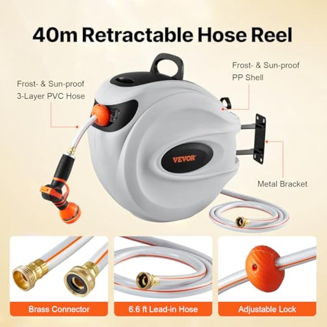 VEVOR Retractable Garden Hose Reel | 131ft Wall Mounted Auto-Rewind