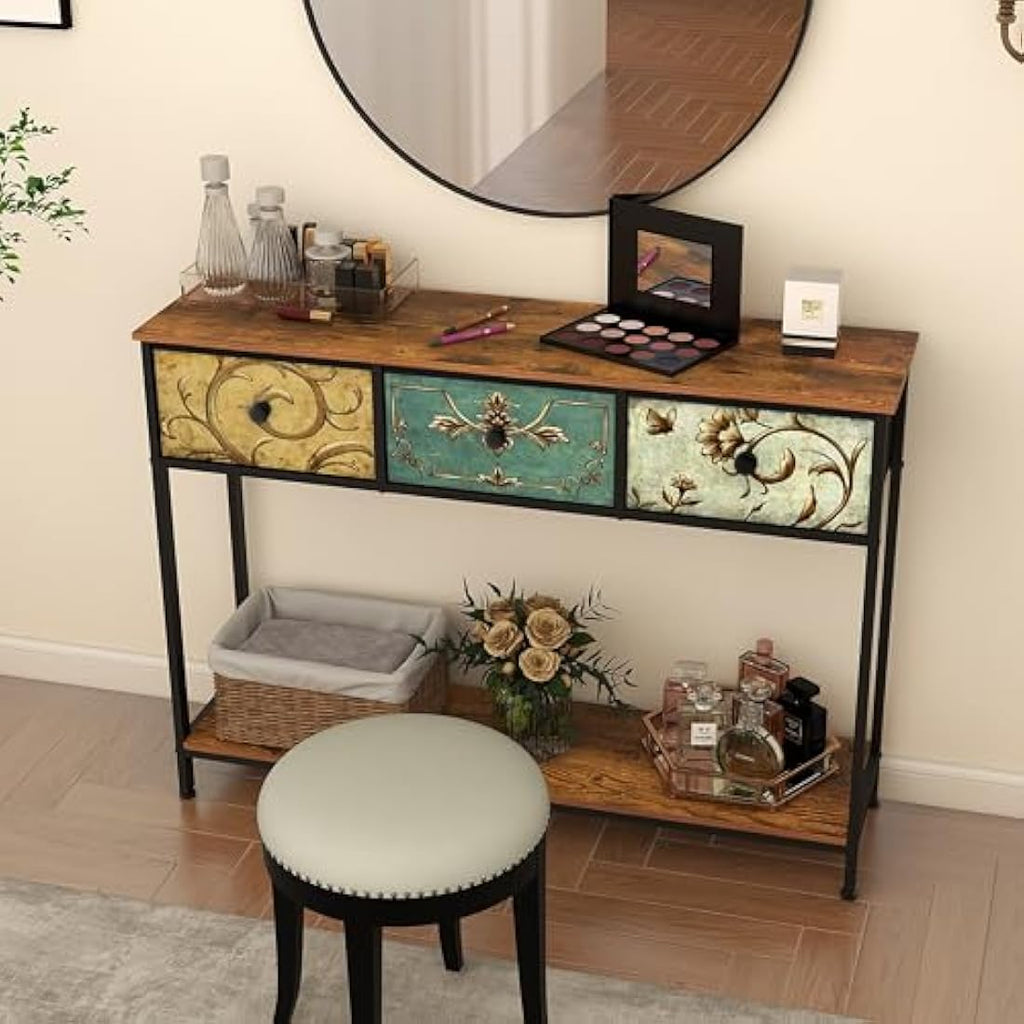 VEDECASA Console Table – Slim Entryway Table with 3 Drawers & Shelves