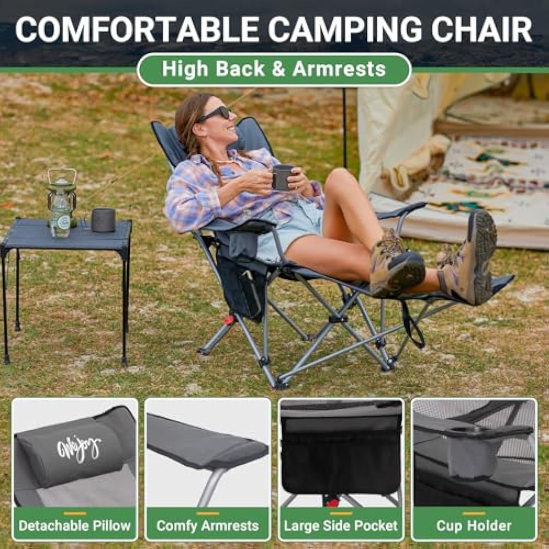 WEJOY Folding Recliner Camping Chair with Detachable Footrest – Grey Black