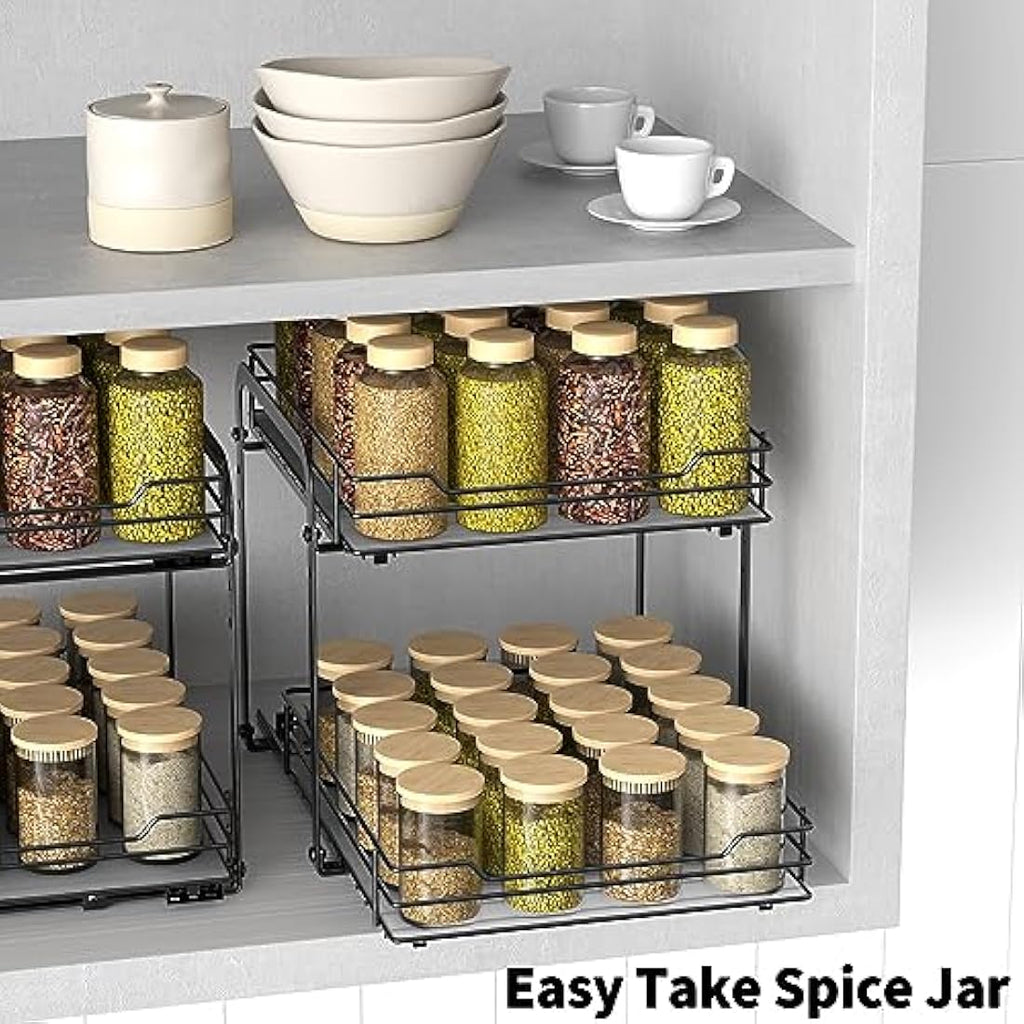 Pull Out Spice Rack – 2-Tier Adjustable Metal Cabinet Organizer