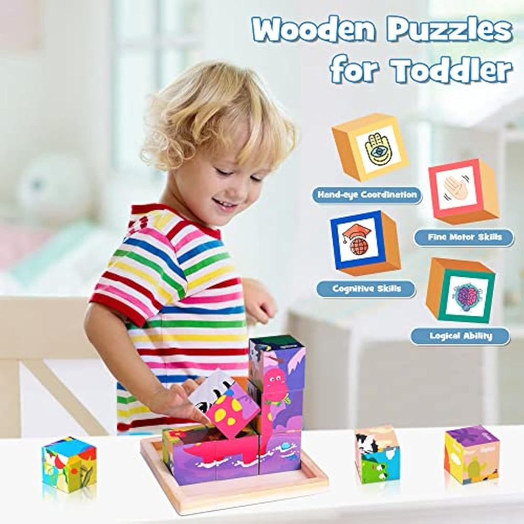 Japace 6-in-1 Wooden Animal Cube Puzzle – Montessori Toy for Toddlers