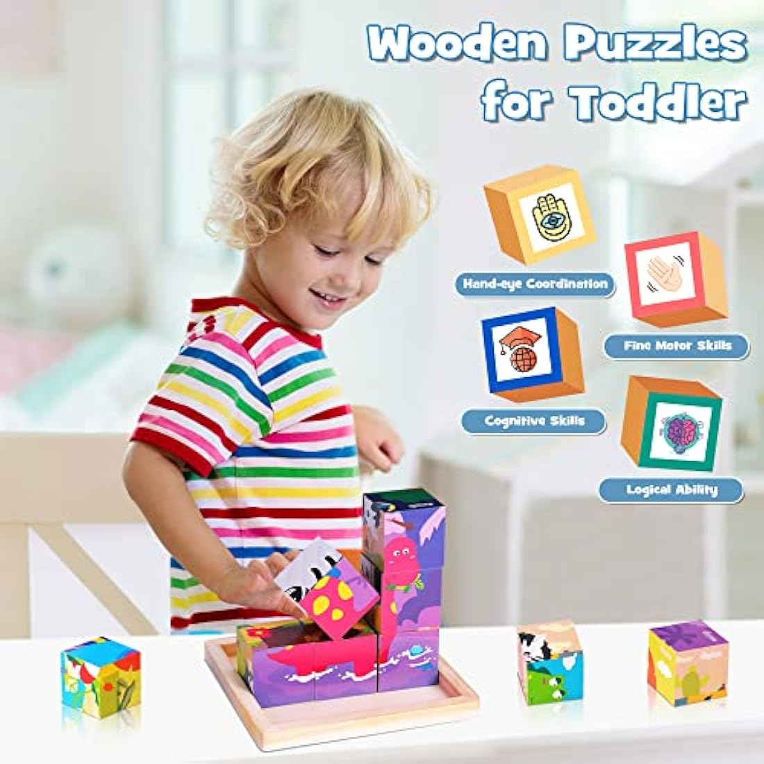 Japace 6-in-1 Wooden Animal Cube Puzzle – Montessori Toy for Toddlers
