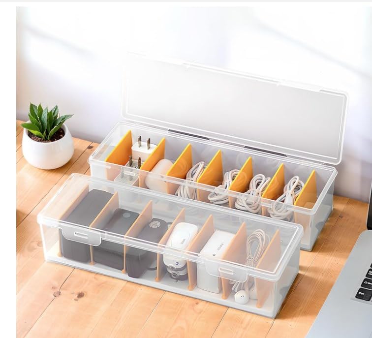 PAVSTINE 7-Compartment Cable Management Box | Transparent Desk Wire Tidy