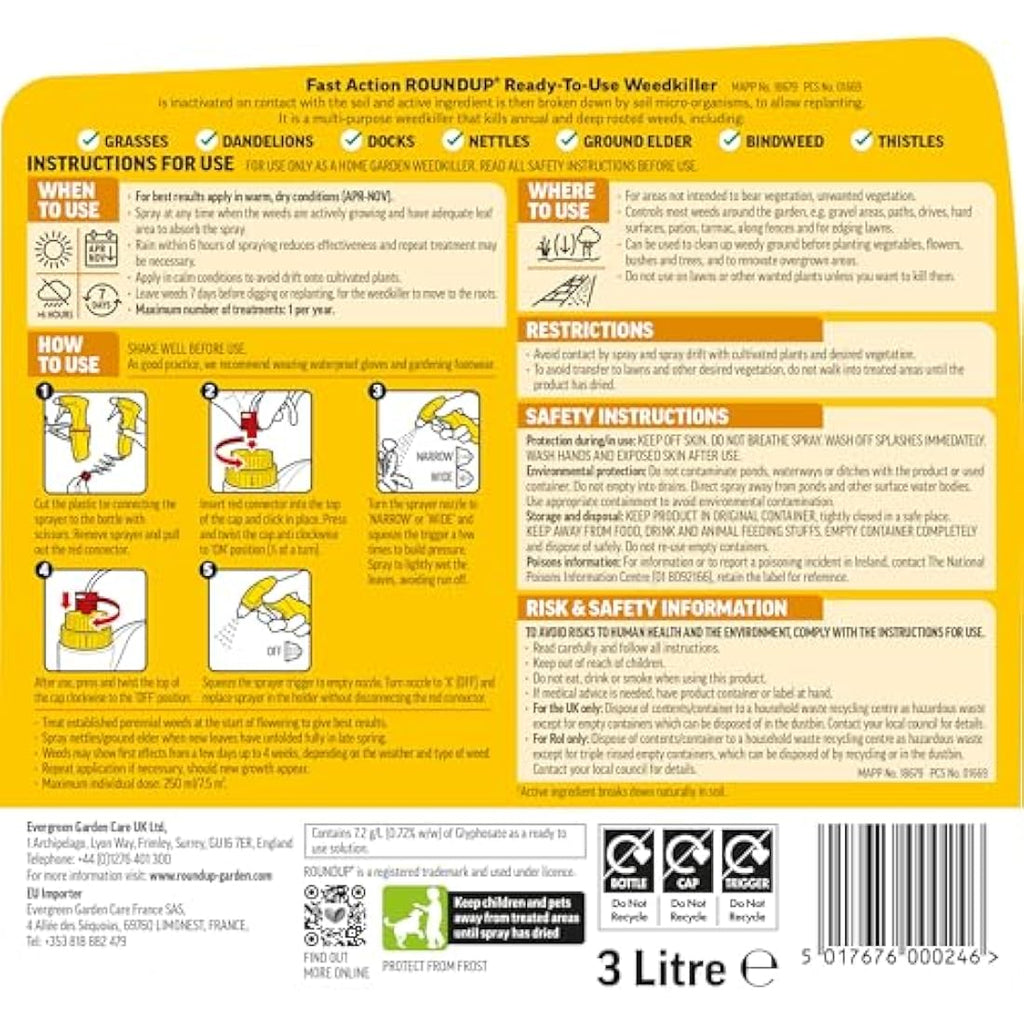 Roundup Fast Action Weedkiller | Ready to Use Root Killer - 3 Litre