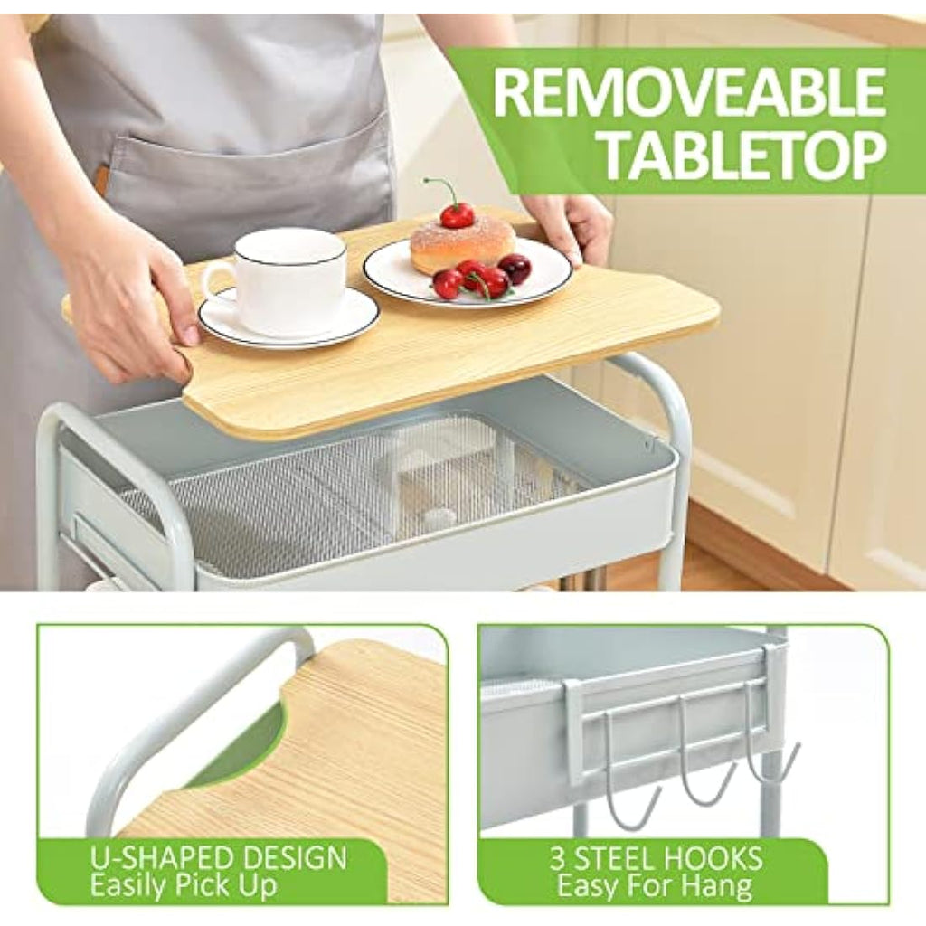 KINGRACK 3-Tier Metal Rolling Storage Trolley with Wooden Worktop