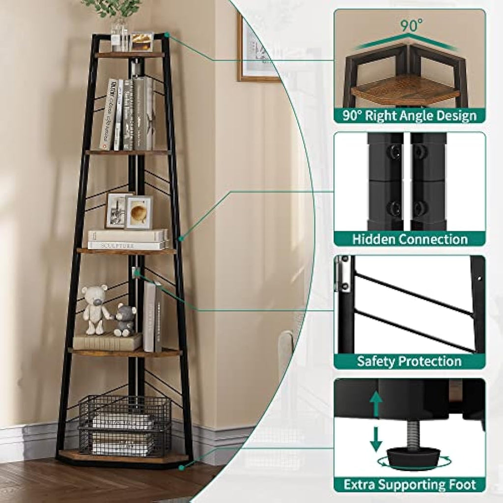YITAHOME 5-Tier Corner Bookshelf - Industrial Wooden Ladder Display Shelf