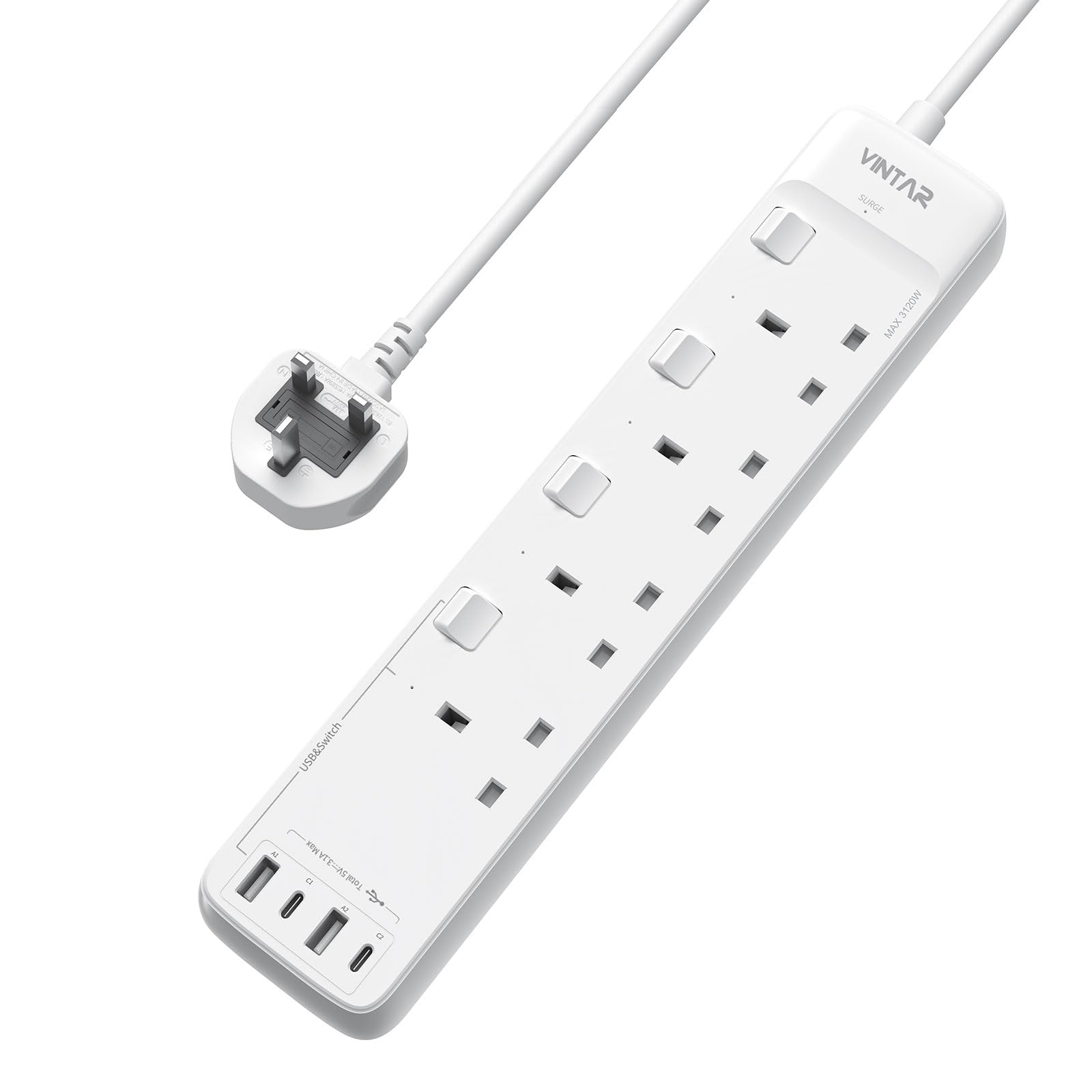 VINTAR 4-Way Extension Lead | Surge Protected USB-C Power Strip