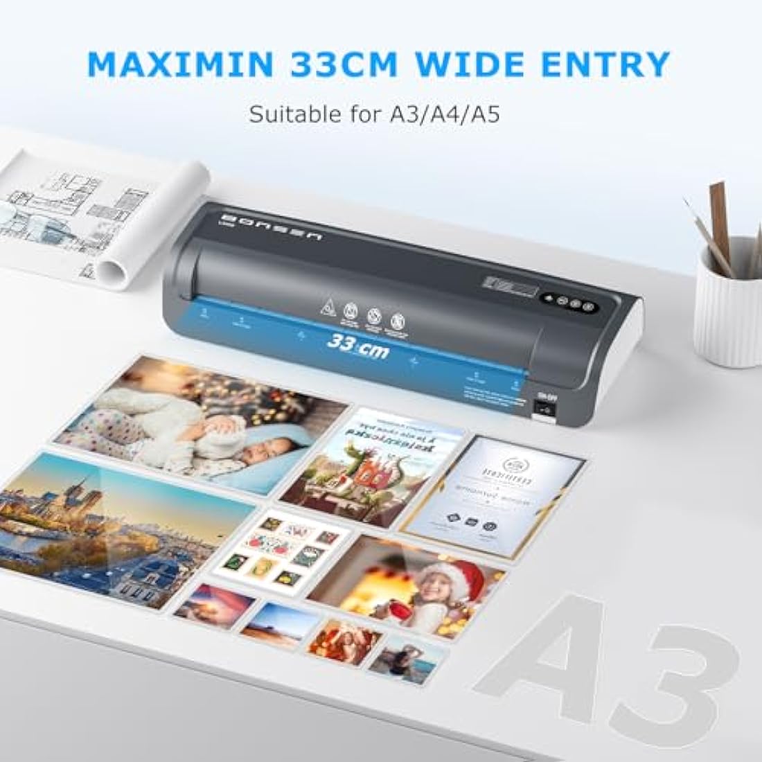 BONSEN A3 Thermal Laminator Machine with 100 Pouches | Anti-Jam L3402