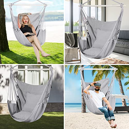 Goutime Hammock Chair Swing with 2 Pillows and Metal Support Bar - Gray