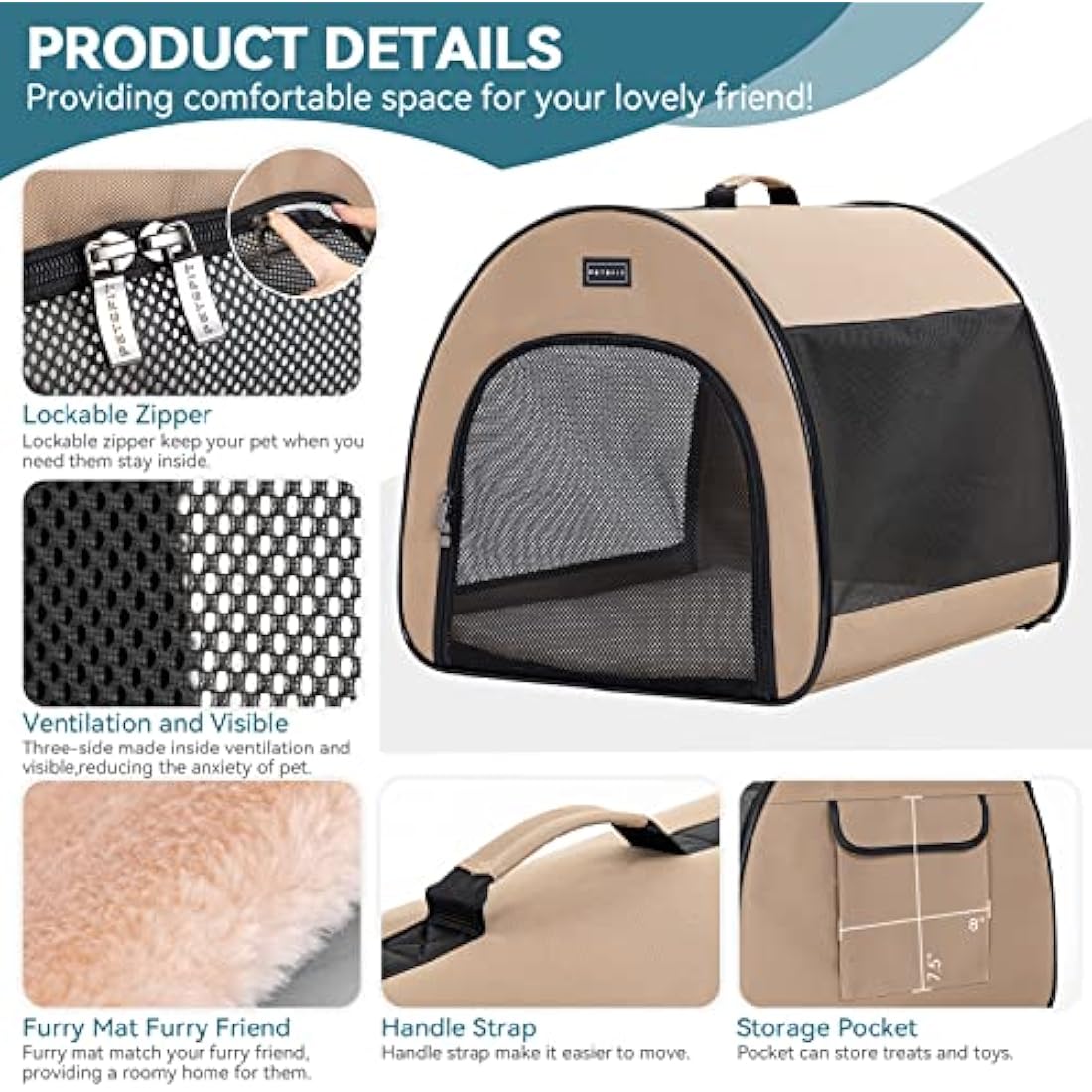Petsfit Portable Dog Crate – 19 Inch Collapsible Soft Travel Kennel, Khaki