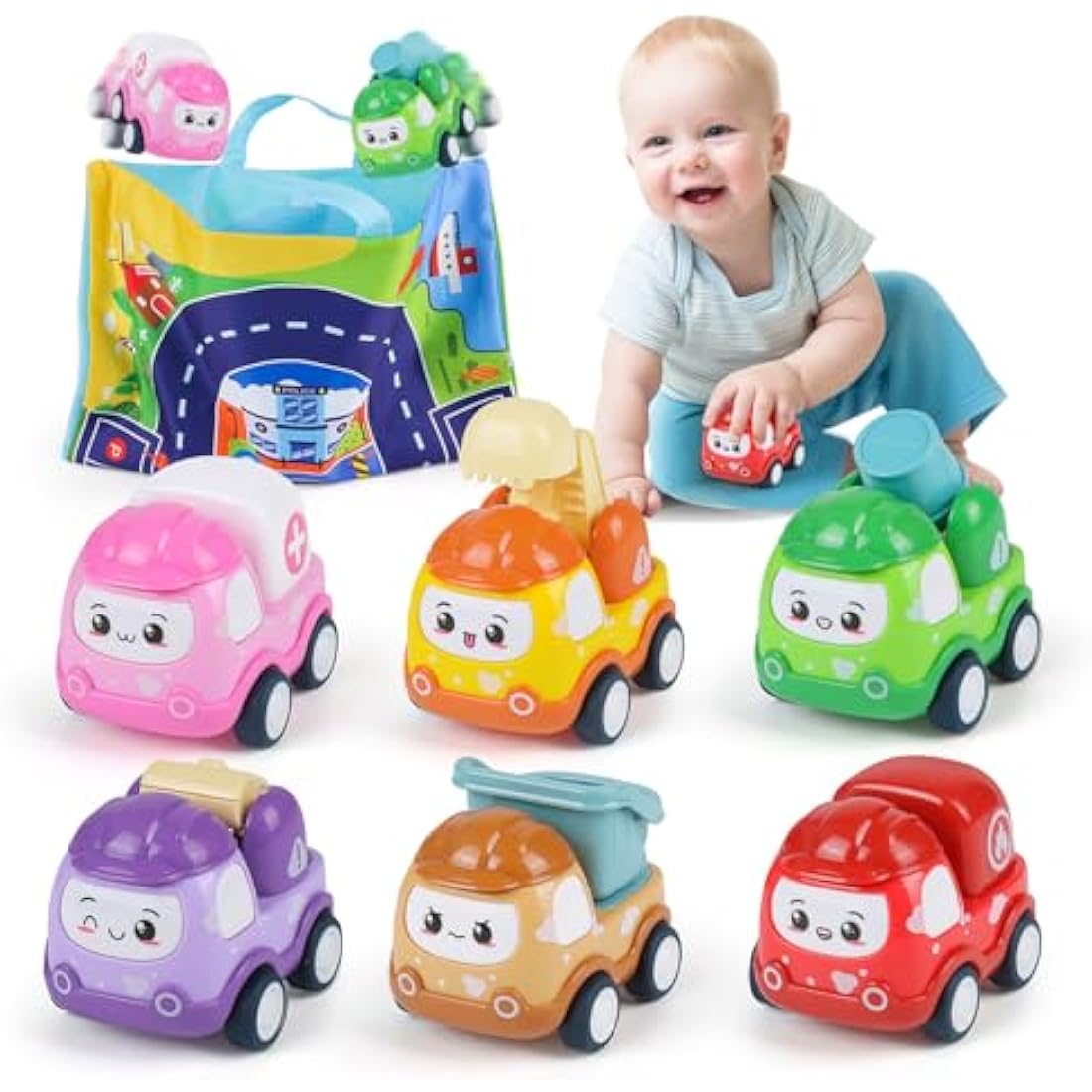 Jolof Store 6PCS Pull Back Construction Toy Cars with Play Mat Bag