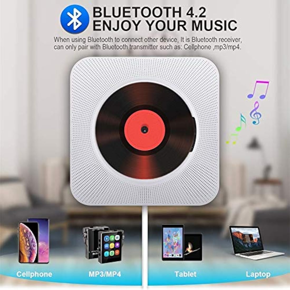 Adirigo Portable Bluetooth CD Player – Wall Mounted HiFi Home Audio (White)