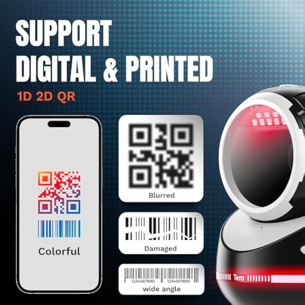 Tera 9800 Omnidirectional Barcode Scanner | 2D QR Desktop Reader - White