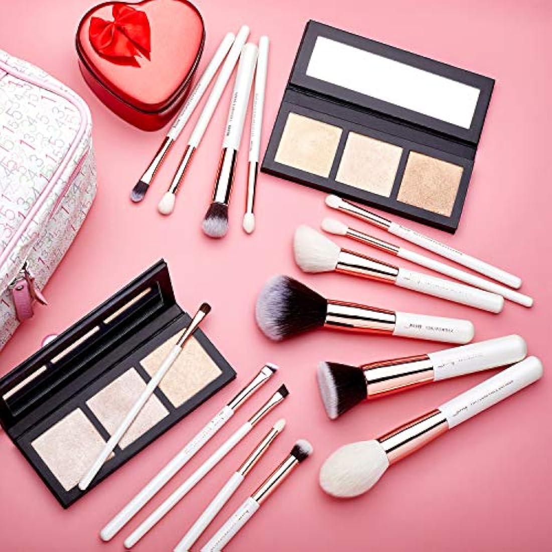 Jessup 15Pcs Professional Makeup Brushes Set | Pearl White & Rose Gold