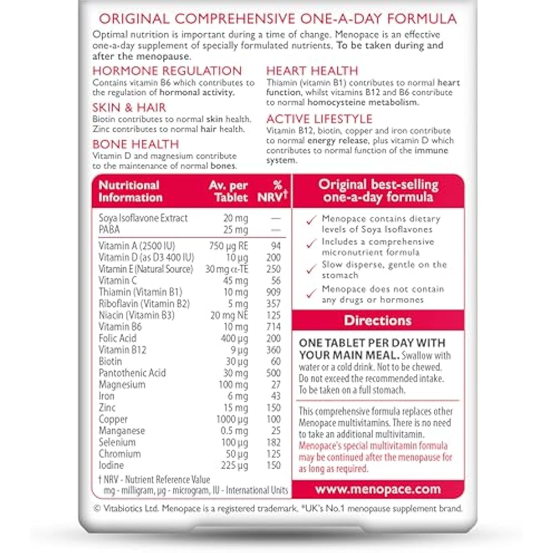 Vitabiotics Menopace Original - Menopause Support Supplement - 30 Tablets