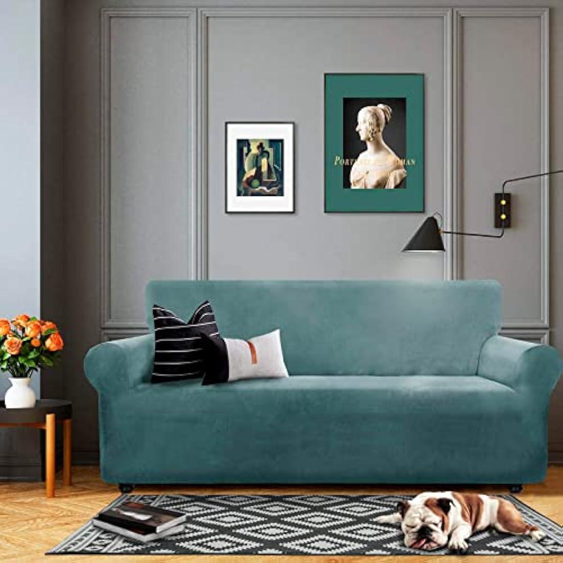 XINEAGE Velvet Sofa Cover – 3 Seater Stretch Couch Slipcover, Stone Blue