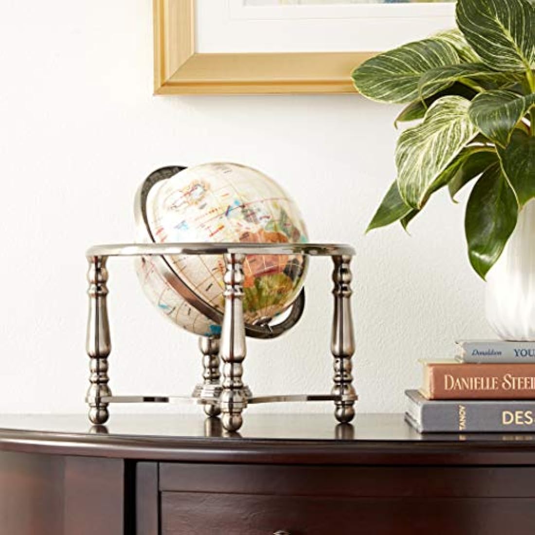 Pearl Swirl Gemstone World Globe – 10-Inch Silver Stand