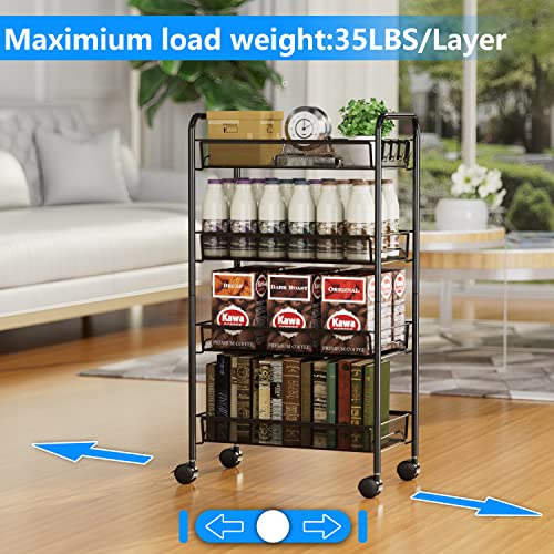 Ovicar 4-Tier Rolling Utility Cart – Metal Mesh Storage Trolley with Hooks