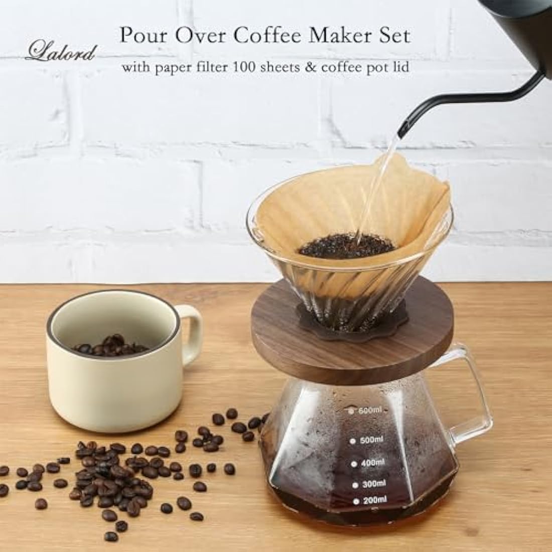 Lalord Pour Over Coffee Maker – 600ml Glass Carafe with Walnut Handle