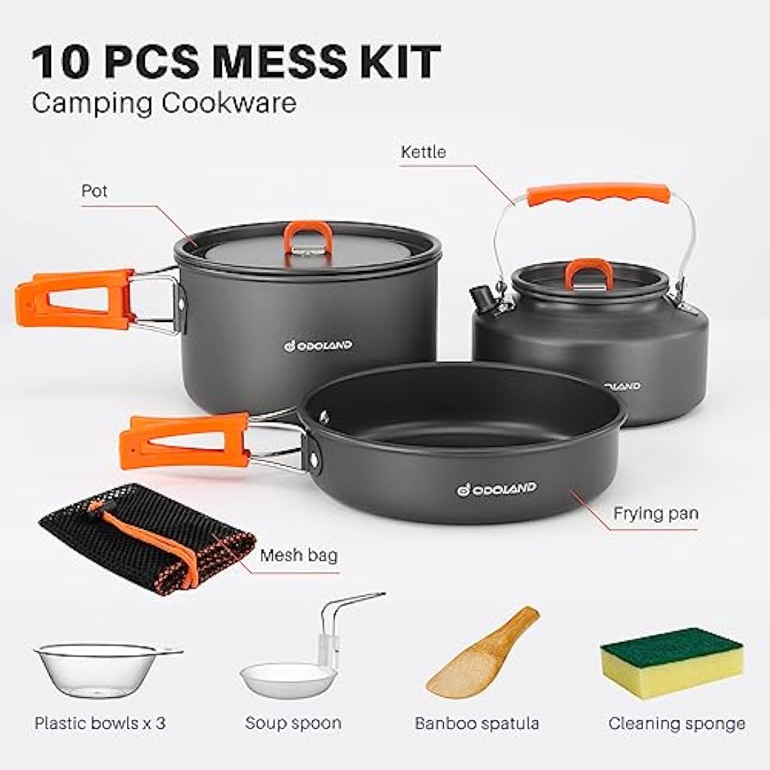 Odoland 10-Piece Camping Cookware Set – Non-Stick Pot, Pan & Kettle