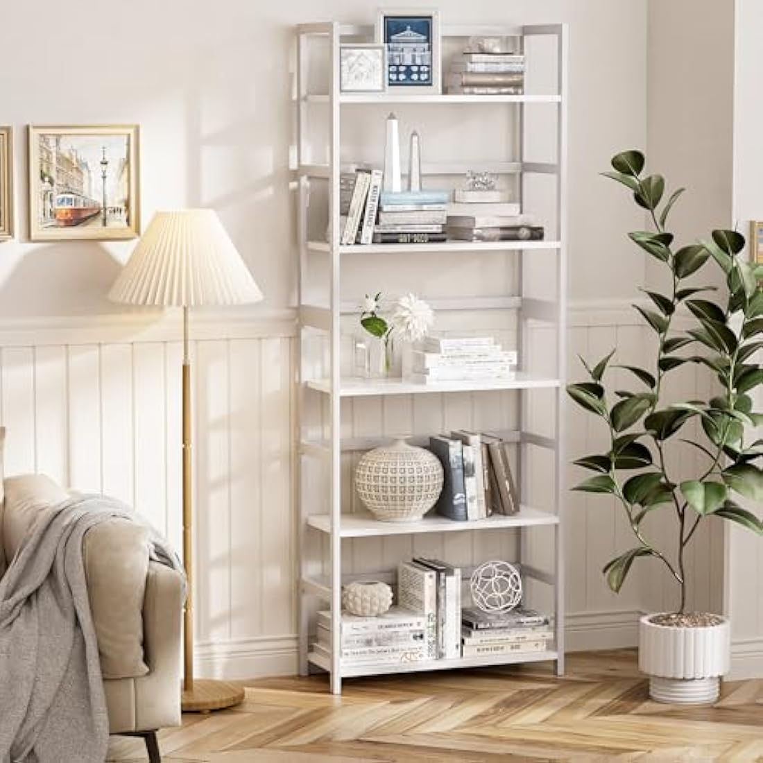 5-Tier Bamboo Bookshelf – Modern Industrial Wood Display Shelf
