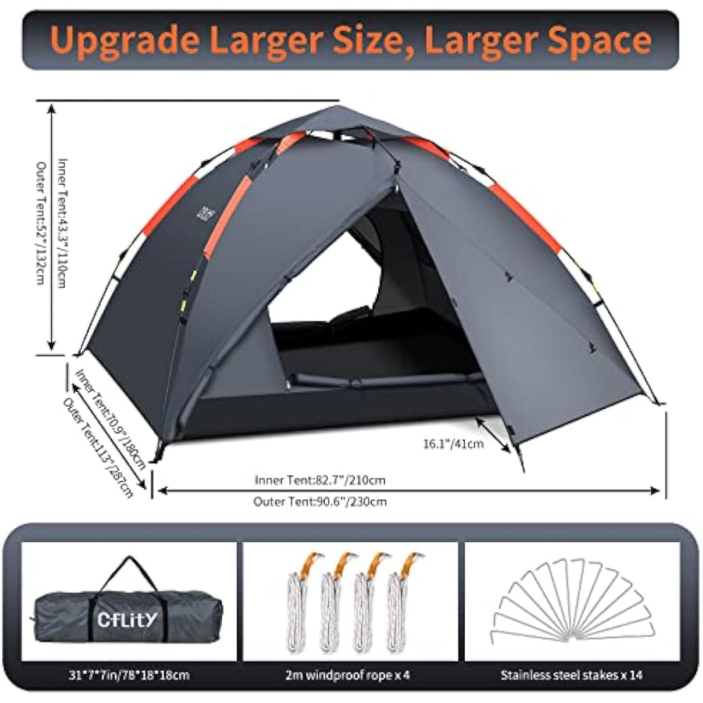 Cflity 3-Person Instant Pop Up Tent – Waterproof 4-Season Dome Tent