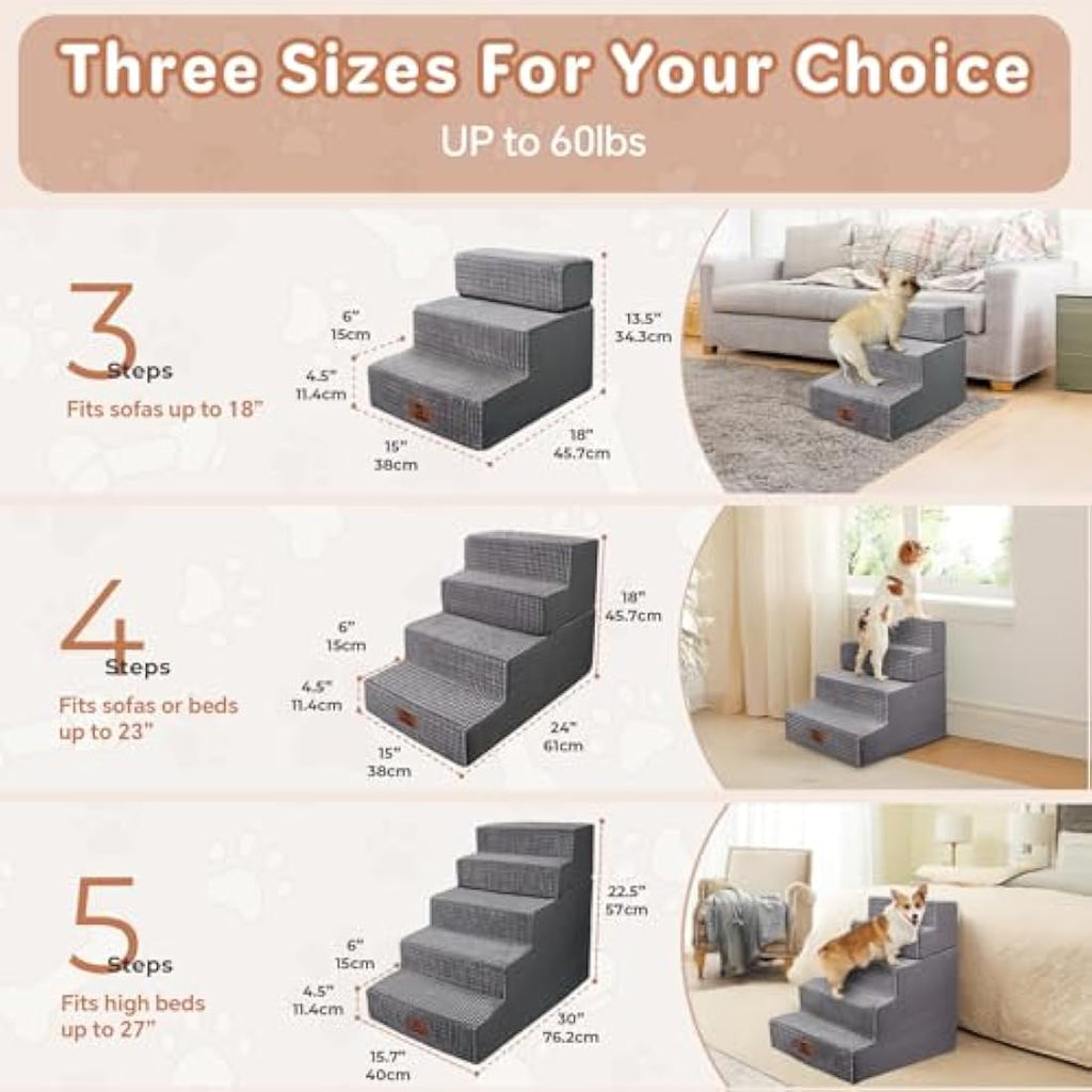 Sytopia 4-Step Foam Dog Stairs – Non-Slip Pet Ramp for High Beds, Grey