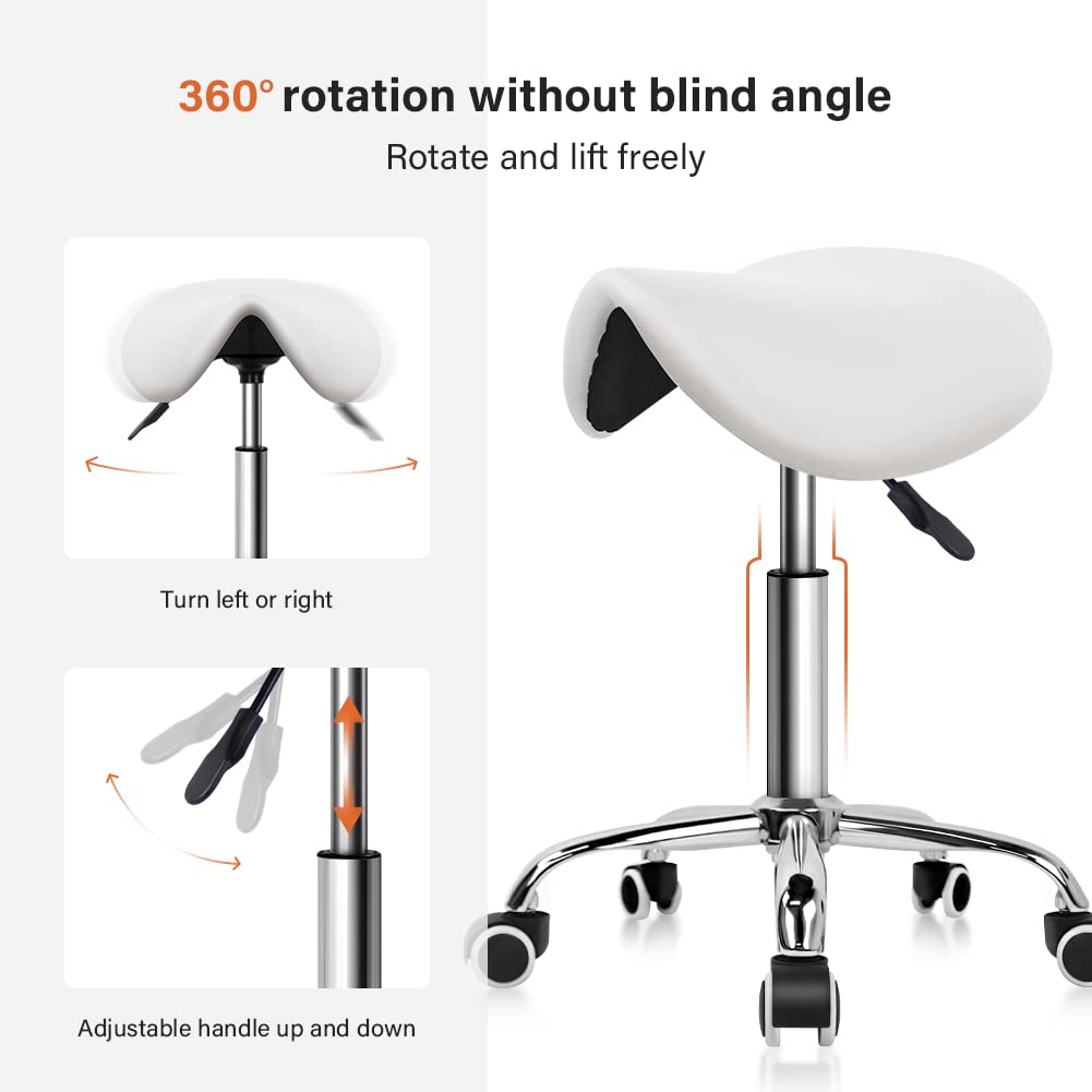KKTONER Rolling Saddle Stool | Adjustable PU Leather Salon Chair - White