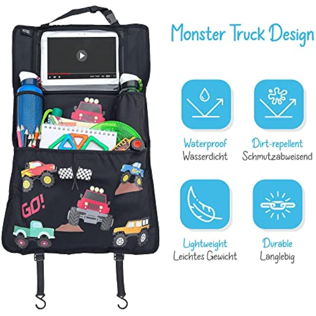 HECKBO Car Backseat Organizer | Monster Truck Tablet Holder & Thermo Pocket