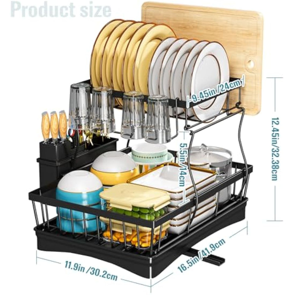 StowBin 2-Tier Dish Drying Rack with Drainboard - Black Metal Drainer