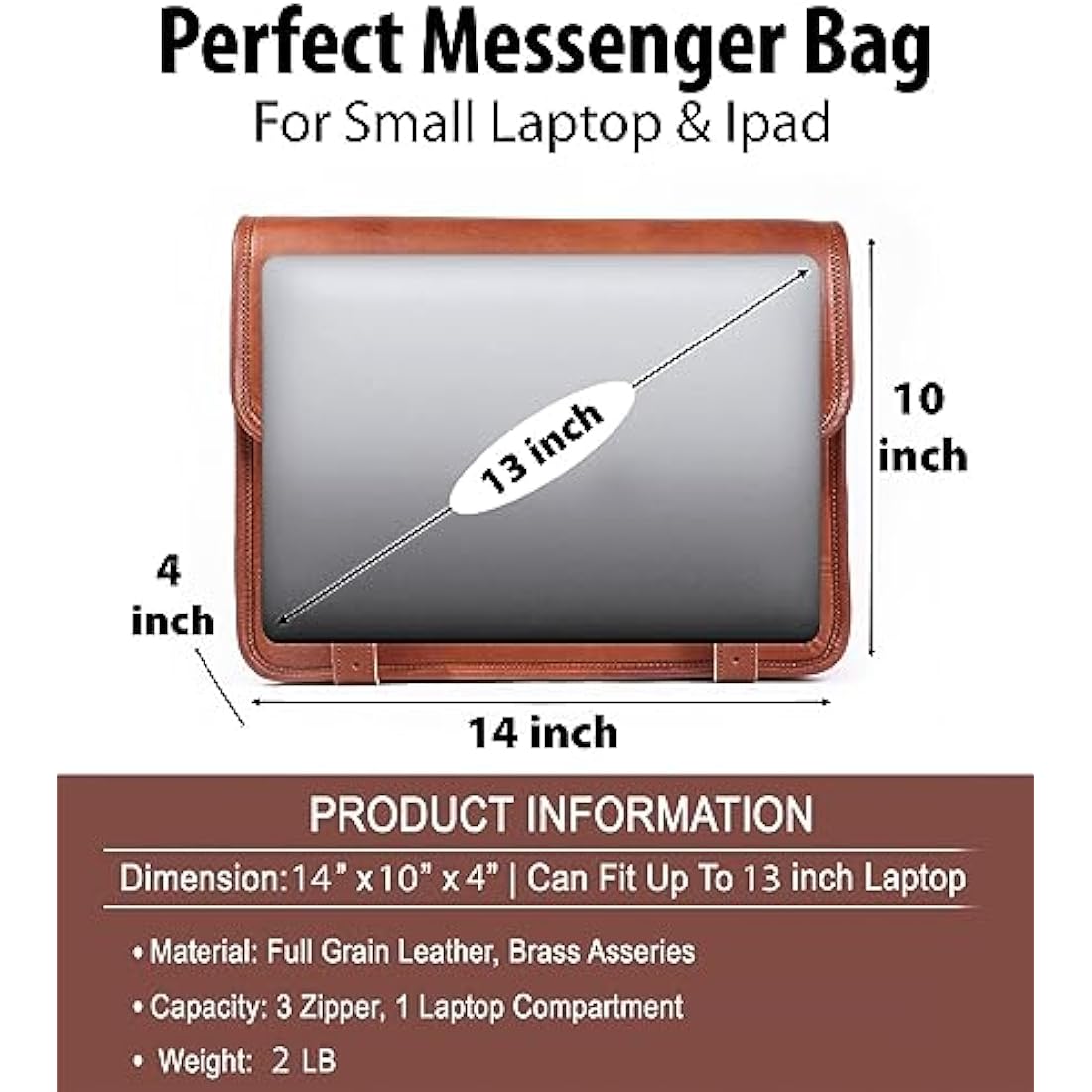 Full-Grain Leather Laptop Messenger Bag – 14 Inch Satchel