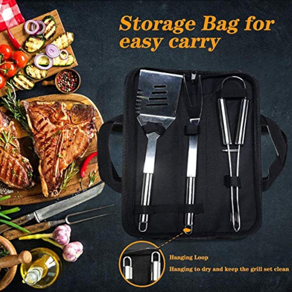 3-Piece Stainless Steel BBQ Grill Tool Set with Storage Bag