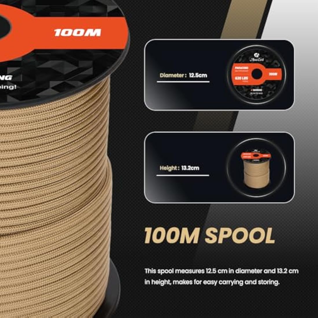 Abma Cord 4mm Type III Nylon Paracord – 9 Strands, 100m, Tan