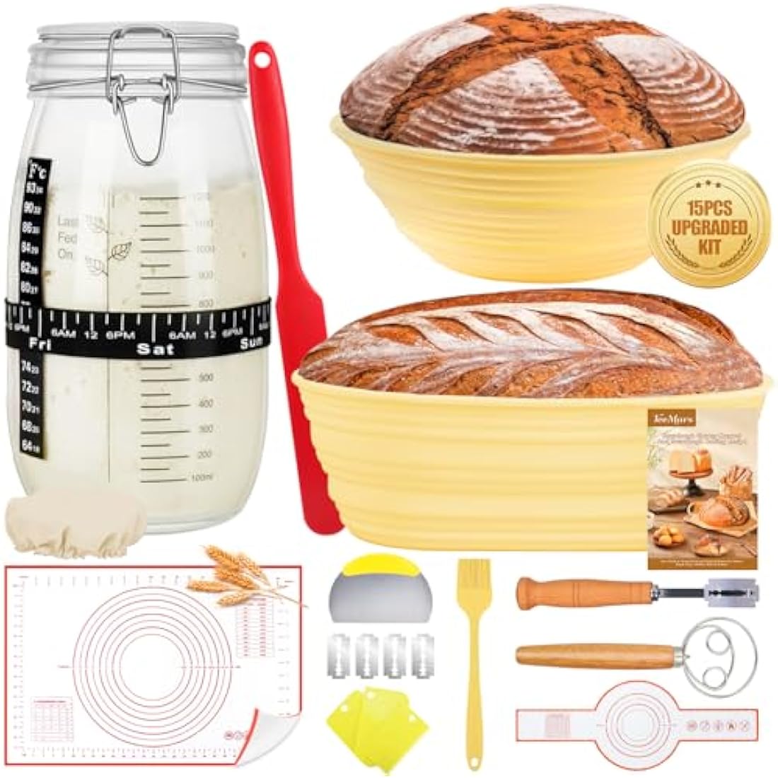 DoughEase Sourdough Starter Kit – 1500ml Glass Jar & Silicone Proofing Baskets