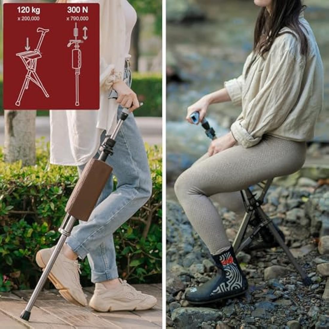 Ta-Da Chair PRO Walking Stick with Seat – Lightweight Folding Stool, Red