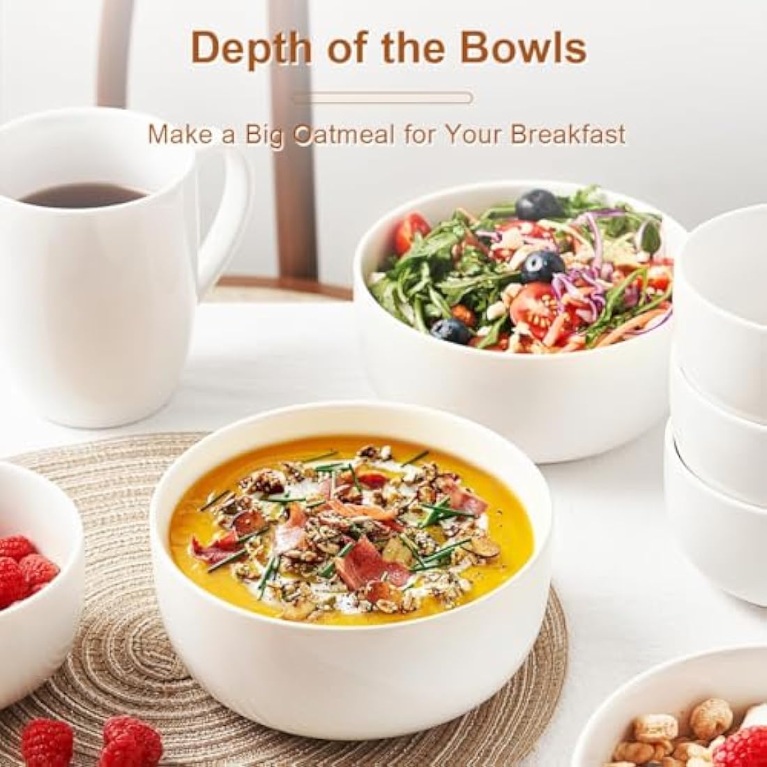 Jassceram 6-Inch Ceramic Cereal Bowls - 28oz White Porcelain Set of 6