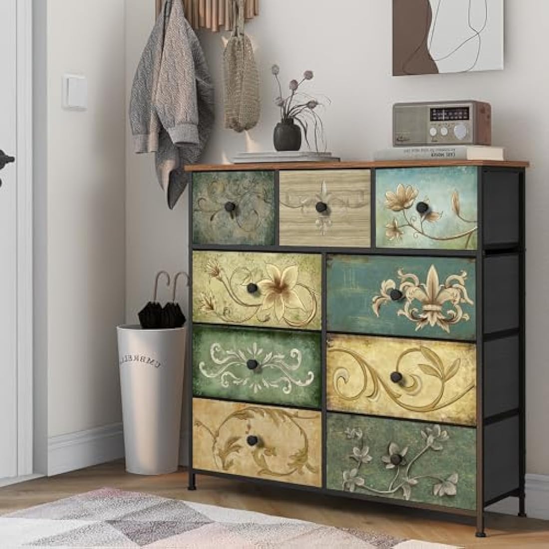 VEDECASA 9-Drawer Fabric Dresser – Retro Floral Chest for Bedroom
