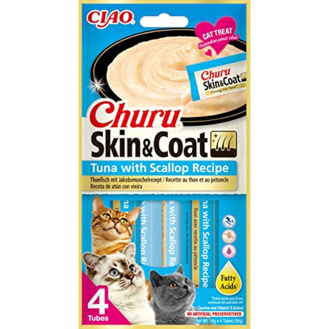 Inaba Churu Skin & Coat Cat Treats – Tuna with Scallop – 48 Pack