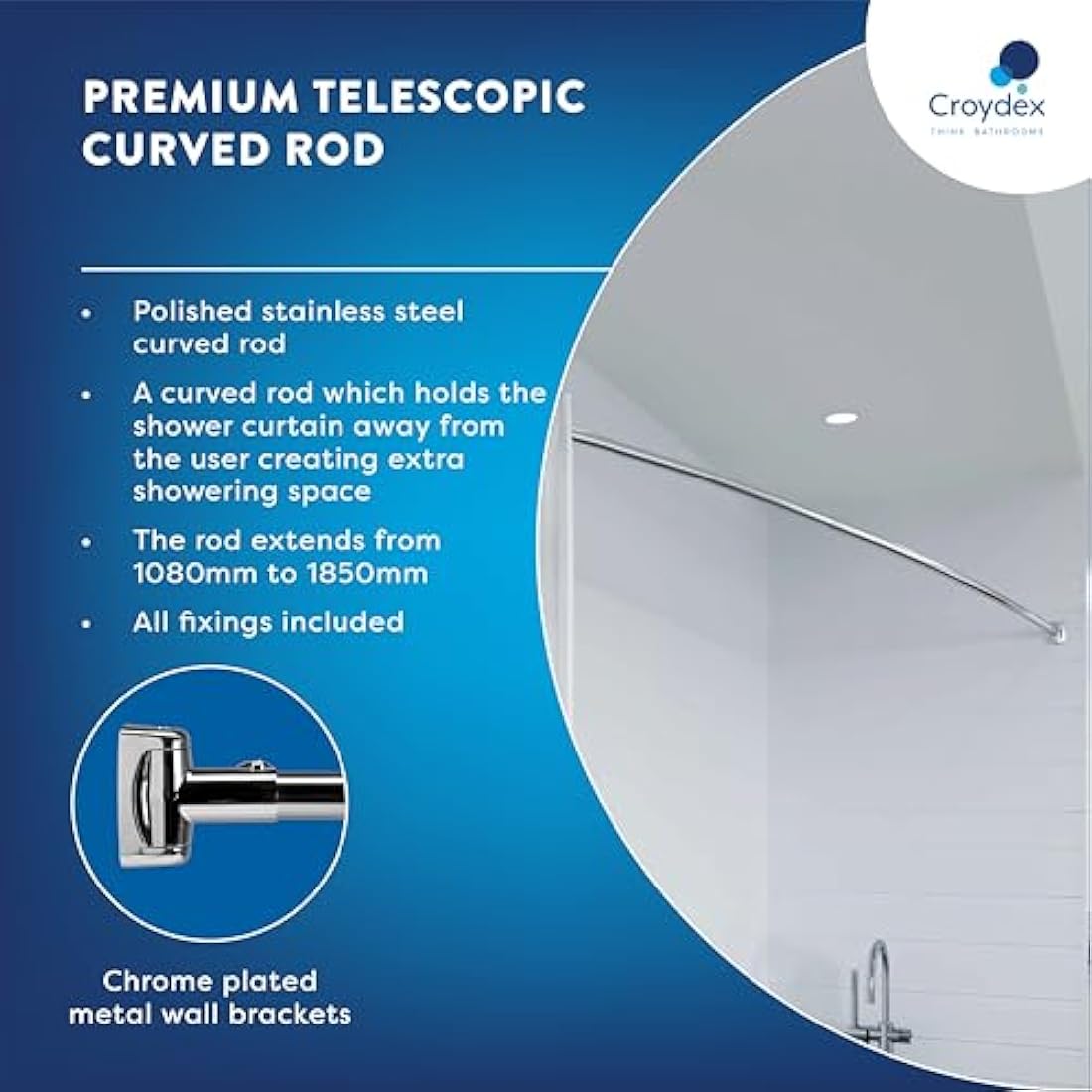 Croydex Curved Telescopic Shower Rod | Stainless Steel, 1080-1850mm