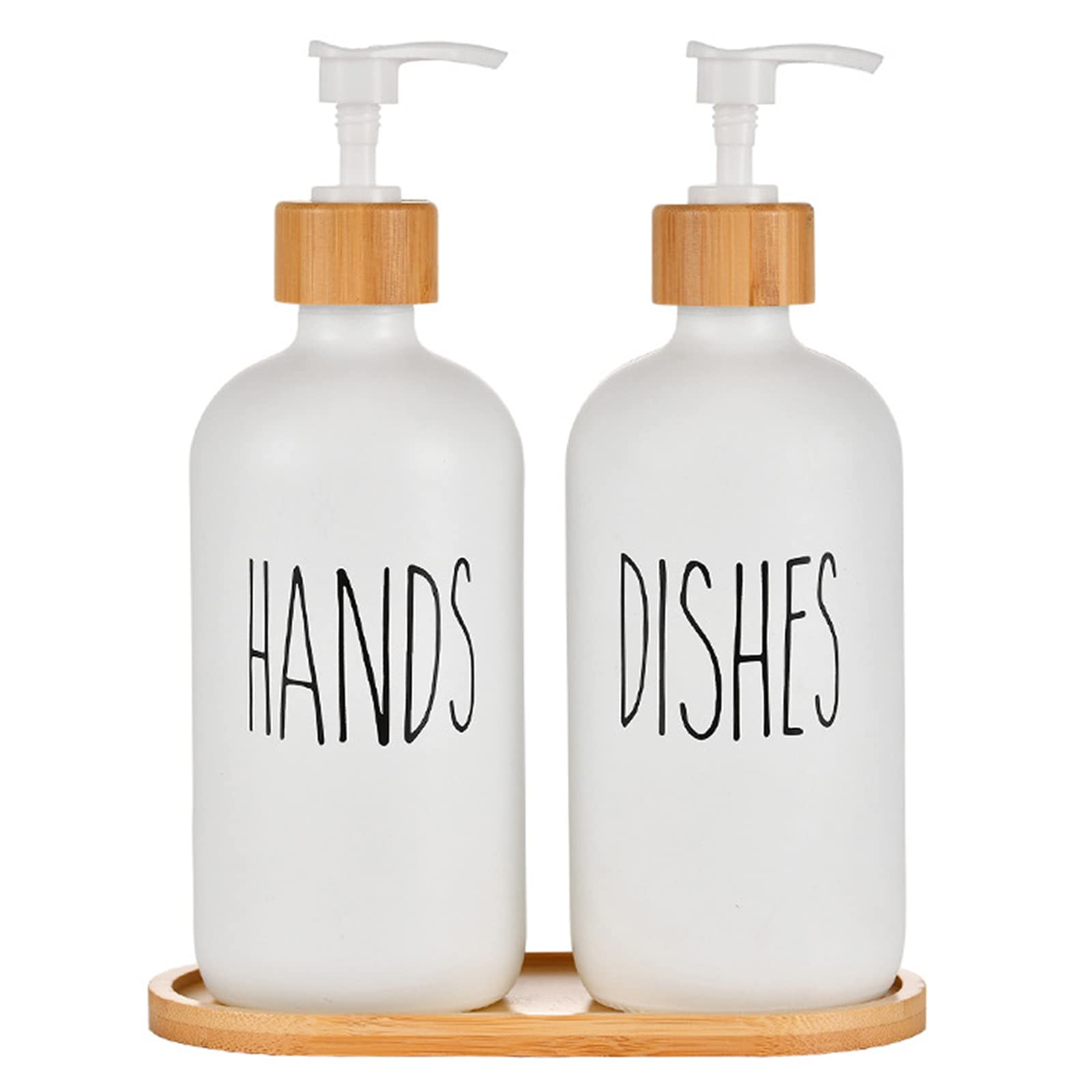 2-Pack Glass Soap Dispenser Set with Bamboo Tray – White