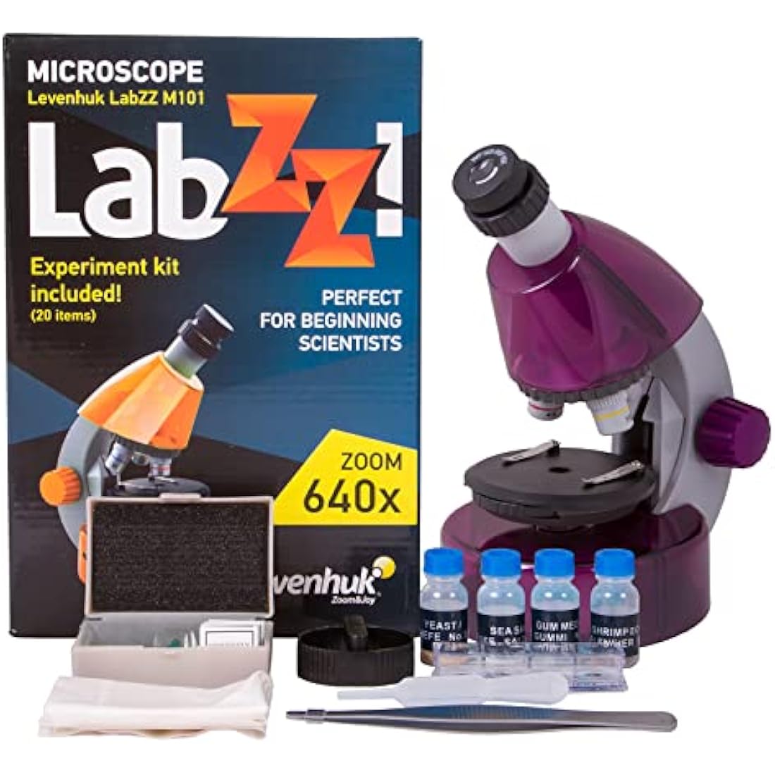 Levenhuk LabZZ M101 Amethyst Kids Microscope Science Kit – 640x STEM Toy