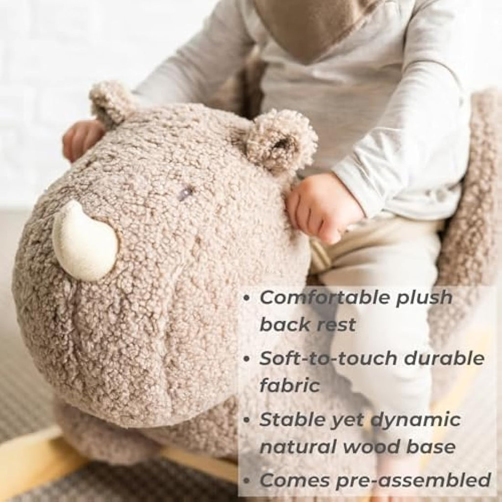 Nattou Taupe Rhino Wooden Rocker – Padded Vegan Teddy Fabric Seat