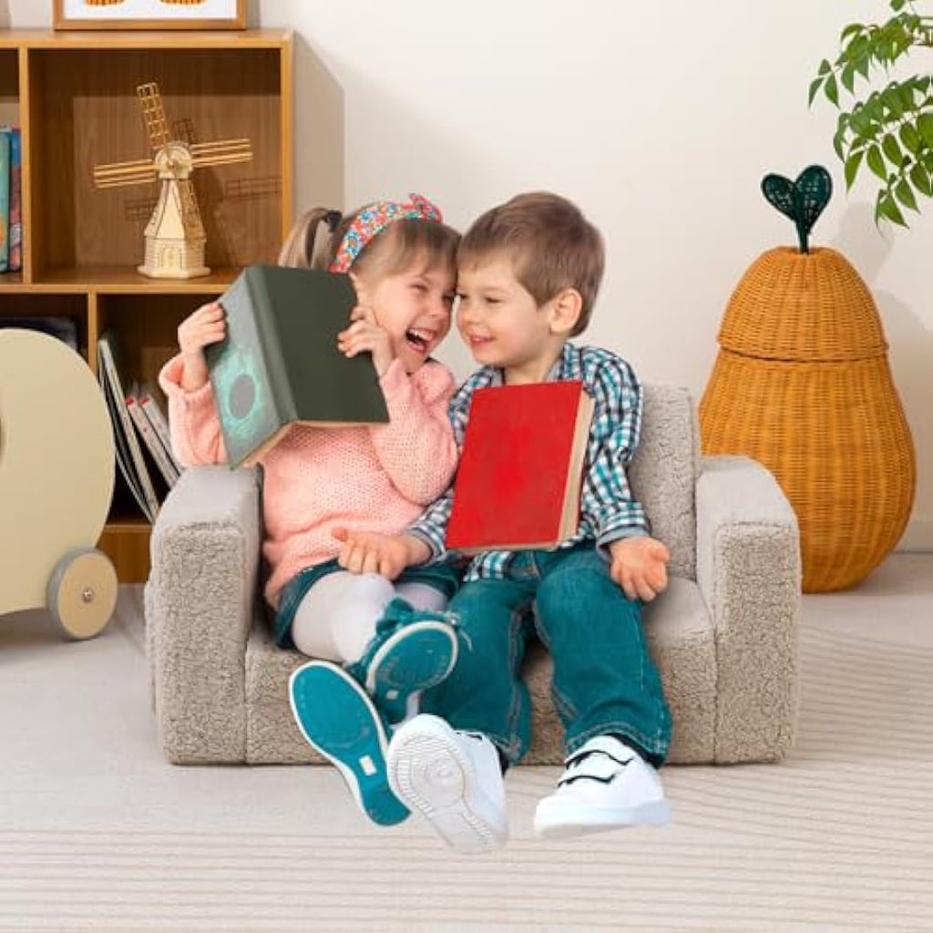 BEJOY Kids Sofa Bed – Extra Wide 2-in-1 Sherpa Toddler Couch, Light Grey