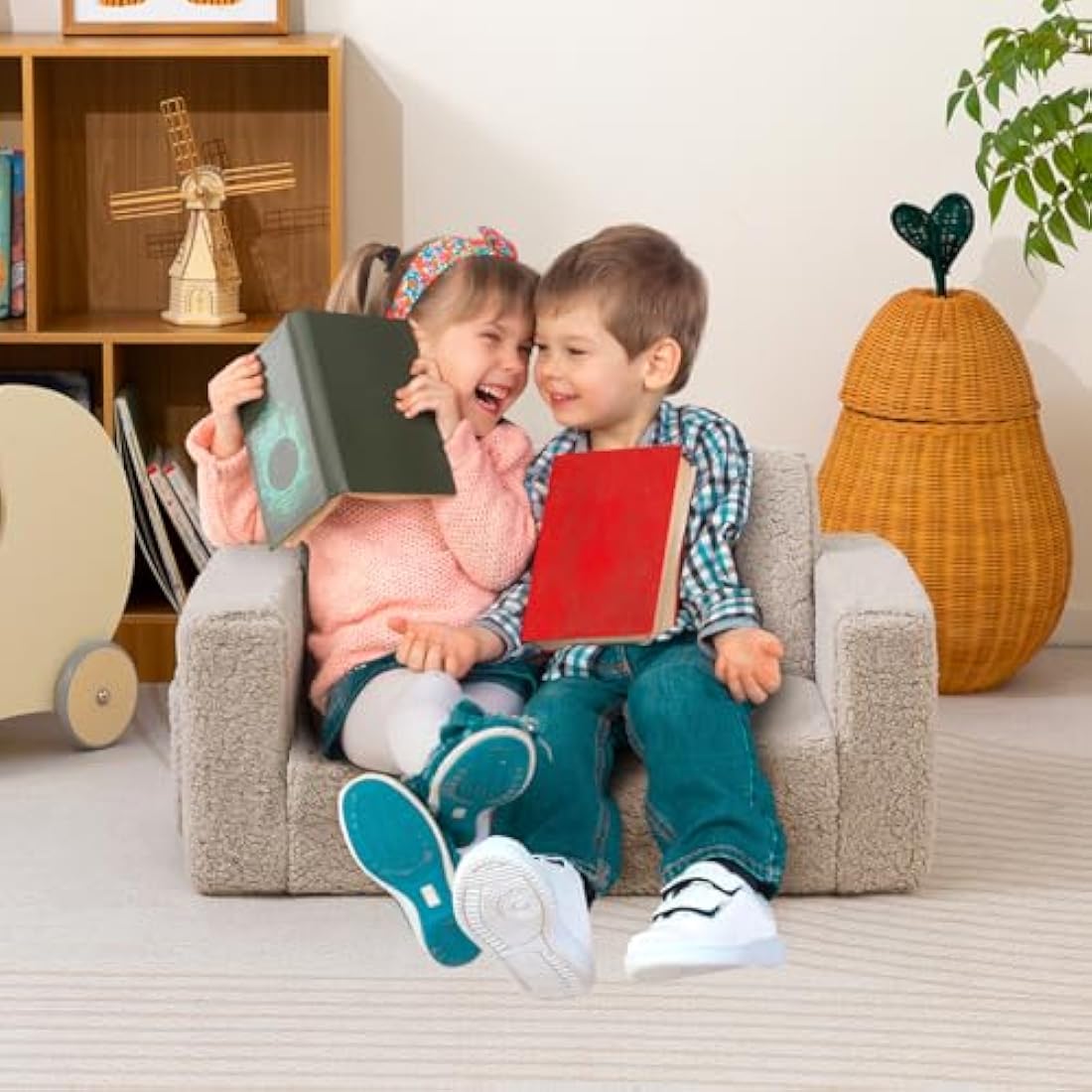 BEJOY Kids Sofa Bed – Extra Wide 2-in-1 Sherpa Toddler Couch, Light Grey