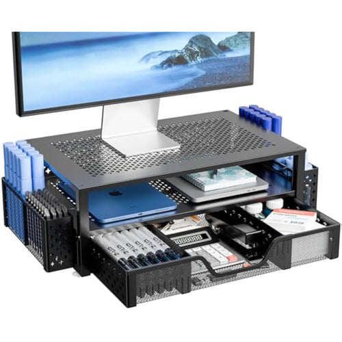 Jolof Store 2-Tier Metal Monitor Riser with Drawer and Pen Holder
